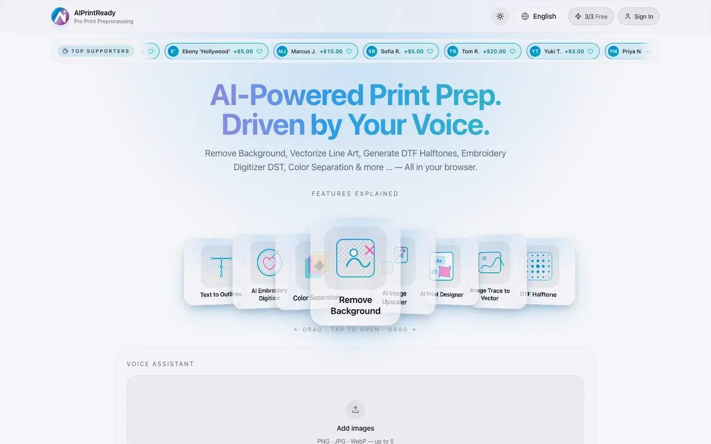 Screenshot of the top of AI PrintReady's page at aiprintready.com