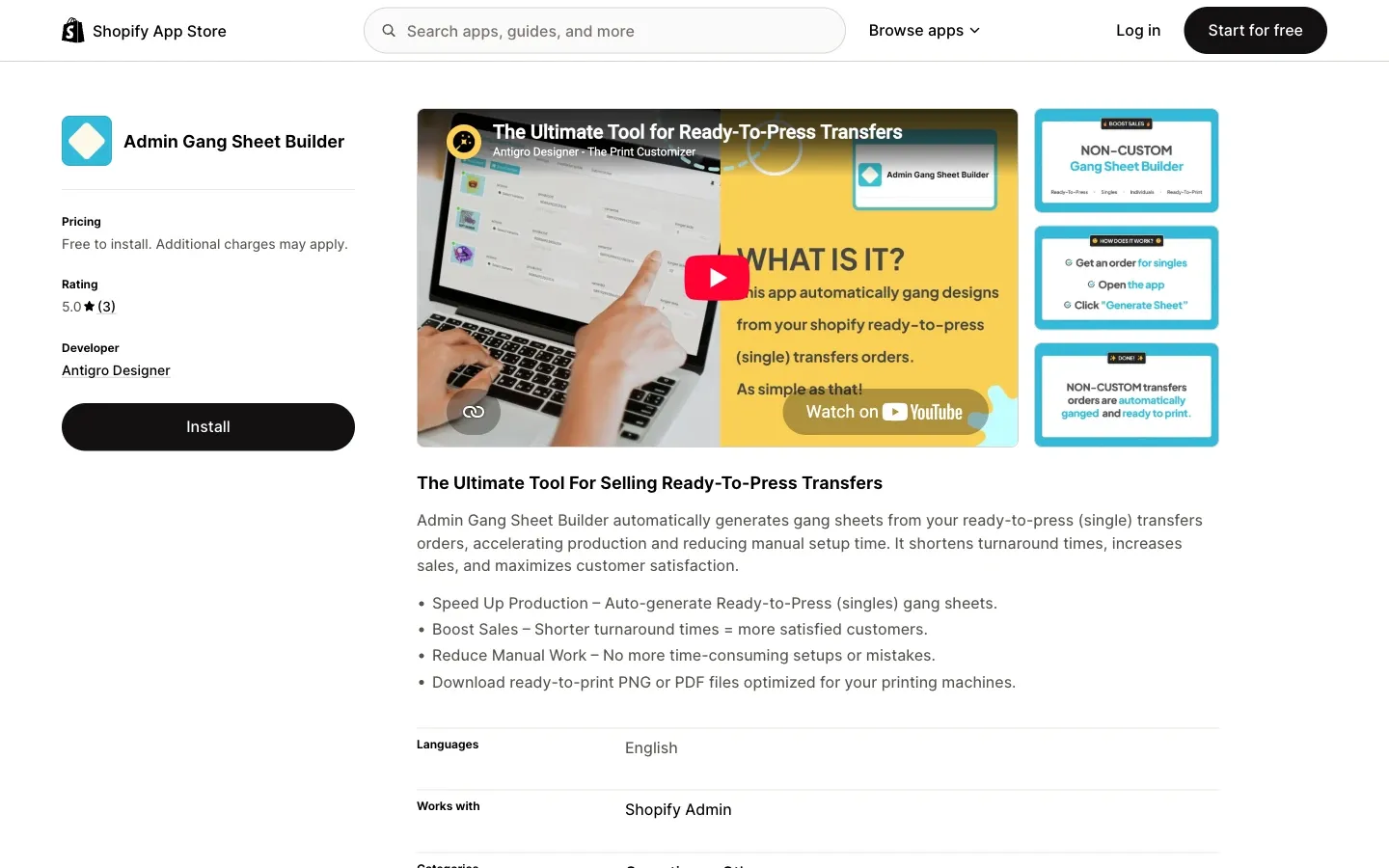 Screenshot of the top of Admin Gang Sheet Builder's Shopify App Store listing