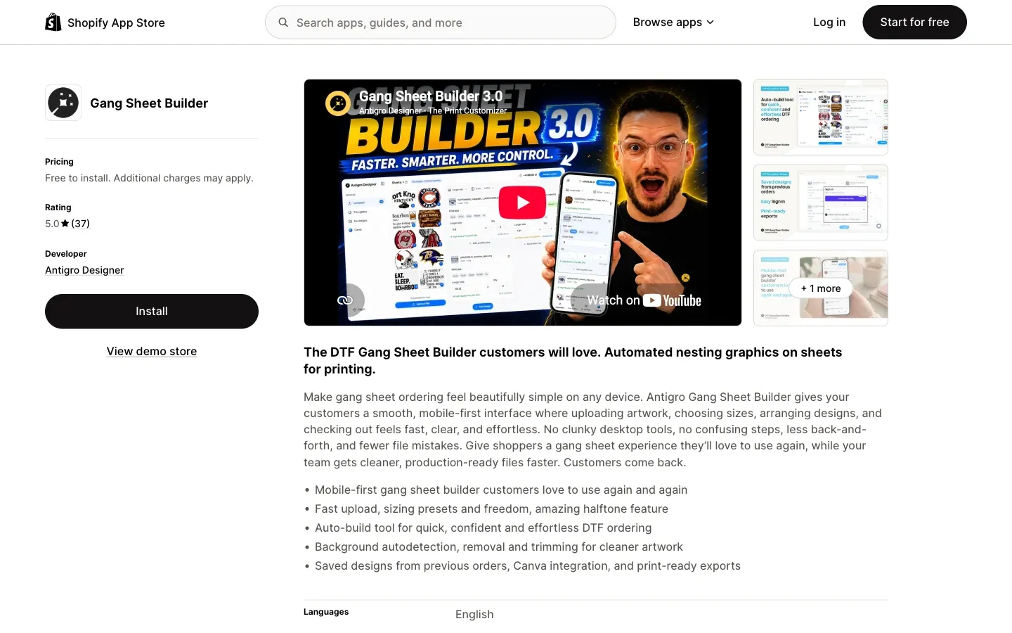 Screenshot of the top of Antigro Gang Sheet Builder's Shopify App Store listing
