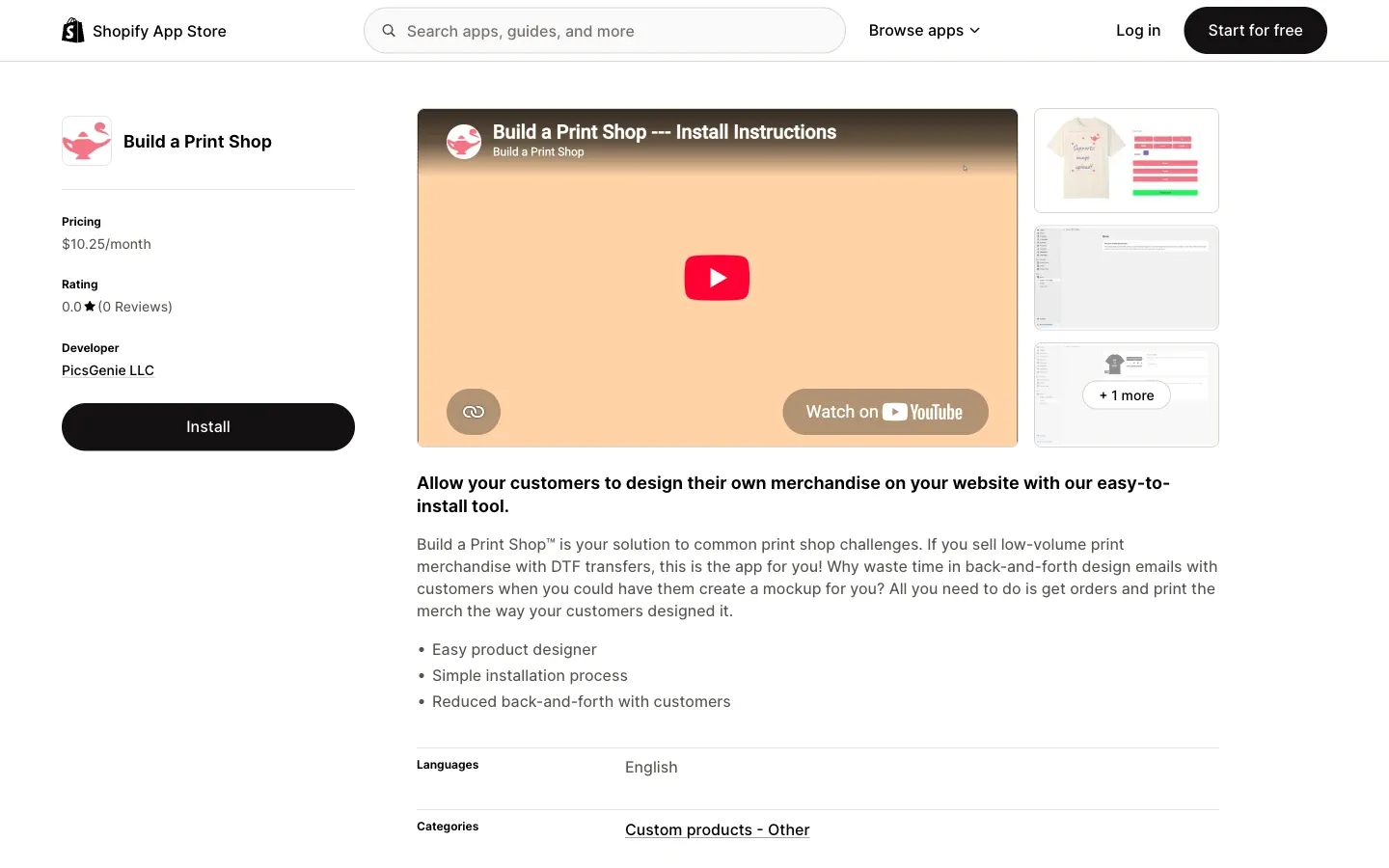 Screenshot of the top of Build a Print Shop's Shopify App Store listing