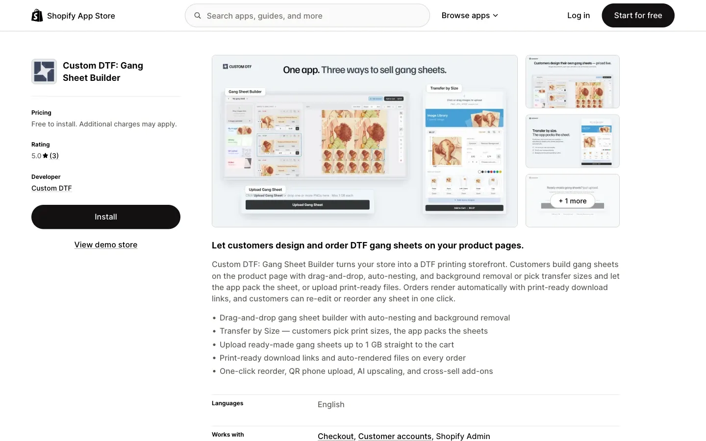Screenshot of the top of Custom DTF's Shopify App Store listing