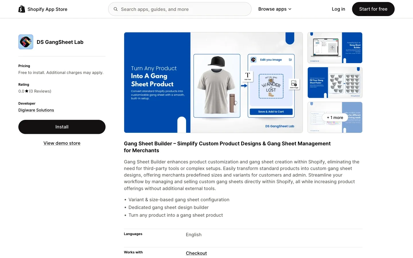 Screenshot of the top of DS GangSheet Lab's Shopify App Store listing