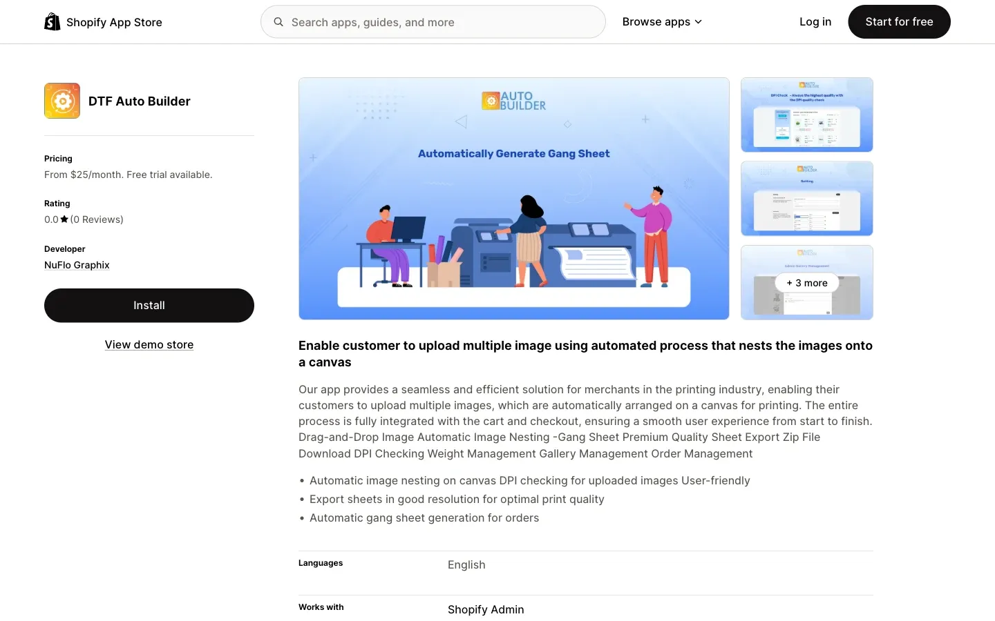 Screenshot of the top of DTF Auto Builder's Shopify App Store listing