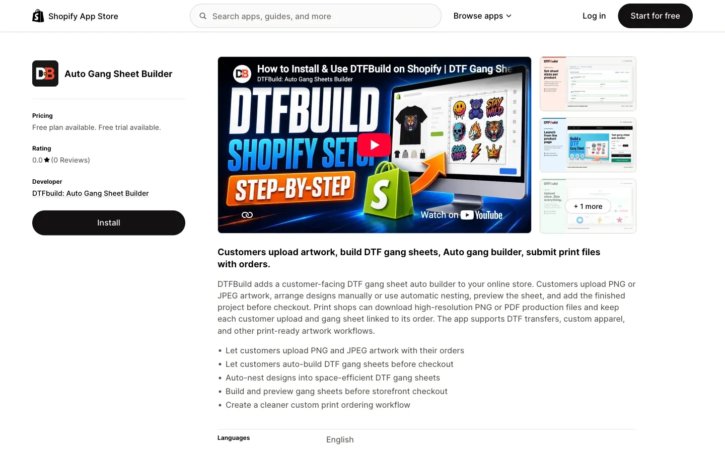 Screenshot of the top of DTFBuild Auto Gang Sheet Builder's Shopify App Store listing