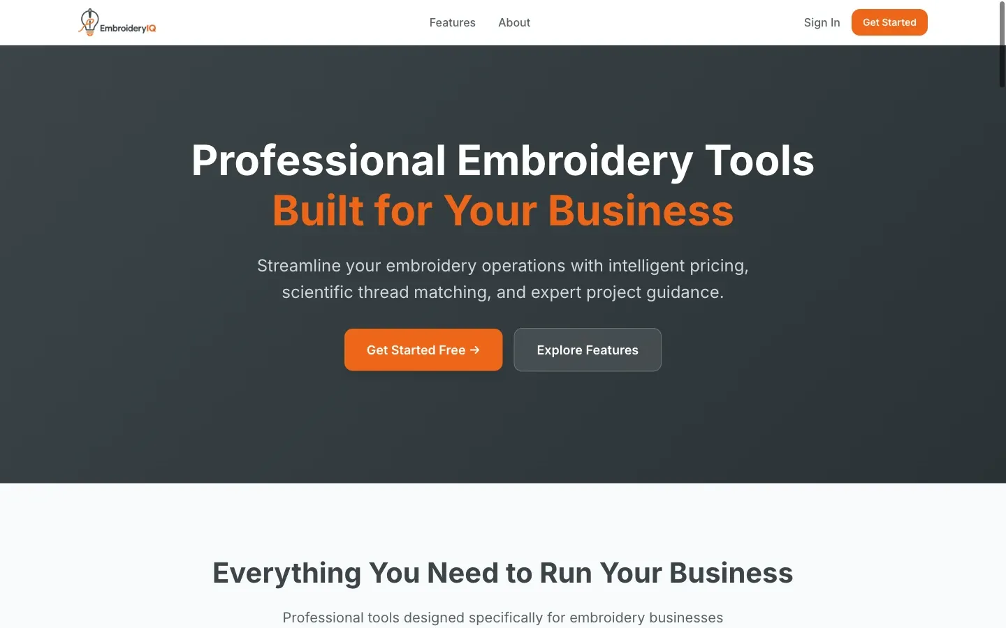 Screenshot of the top of EmbroideryIQ's page at embroideryiq.com
