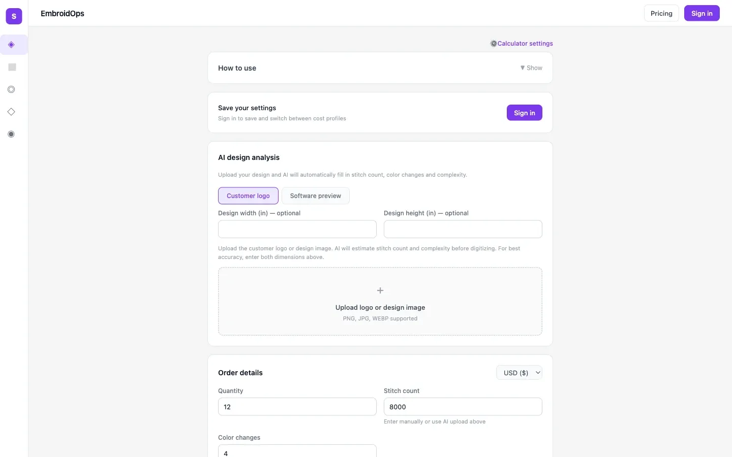 Screenshot of the top of EmbroidOps' page at stitch-price.vercel.app