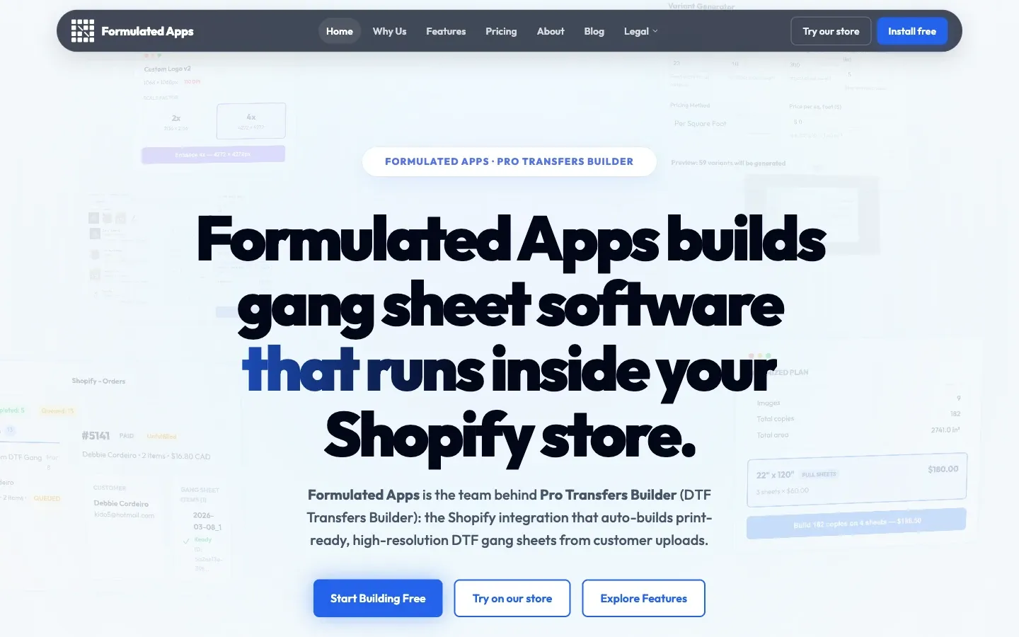 Screenshot of the top of Formulated Apps Pro Transfers Builder's page at formulatedapps.com