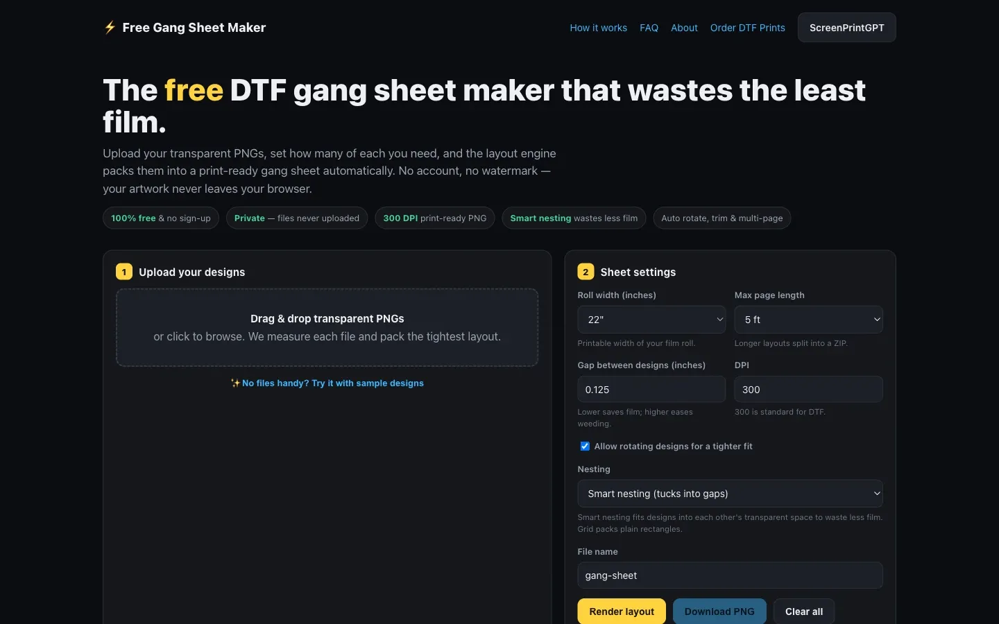Screenshot of the top of Free Gang Sheet Maker's page at freegangsheetmaker.com