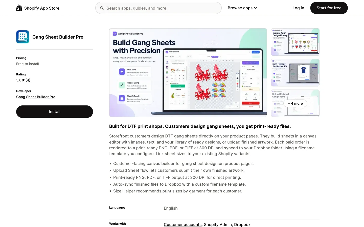 Screenshot of the top of Gang Sheet Builder Pro's Shopify App Store listing