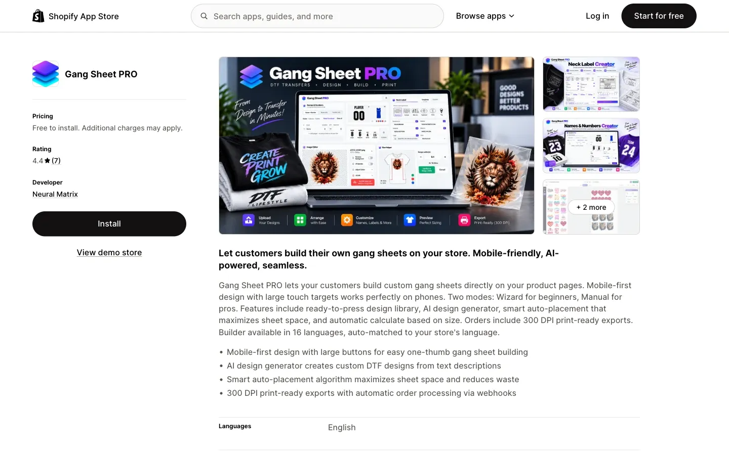 Screenshot of the top of Gang Sheet PRO's Shopify App Store listing