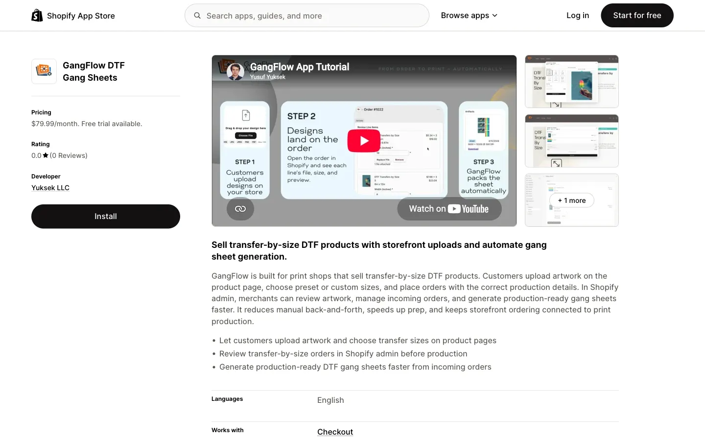 Screenshot of the top of GangFlow DTF Gang Sheets' Shopify App Store listing