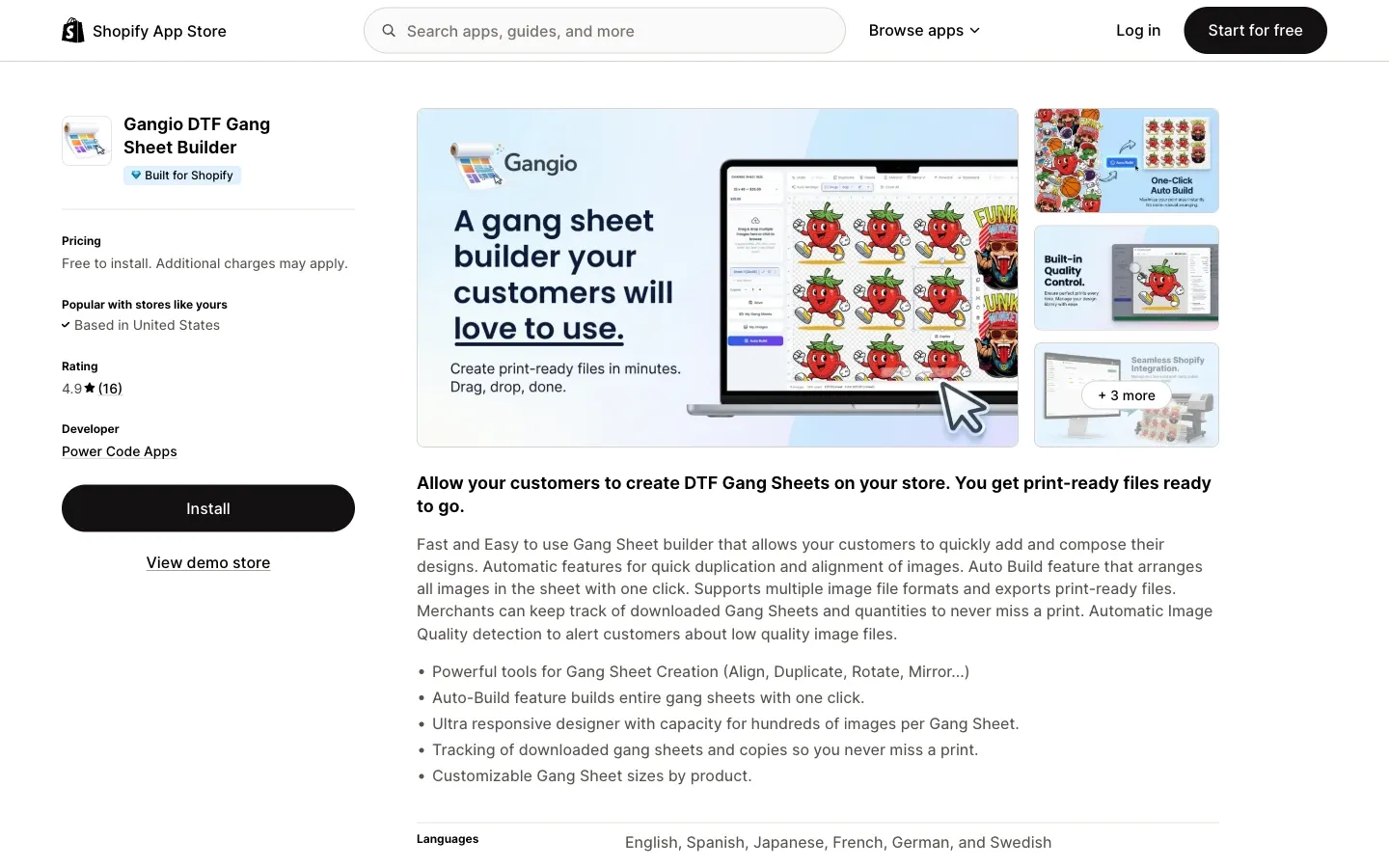 Screenshot of the top of Gangio DTF Gang Sheet Builder's Shopify App Store listing