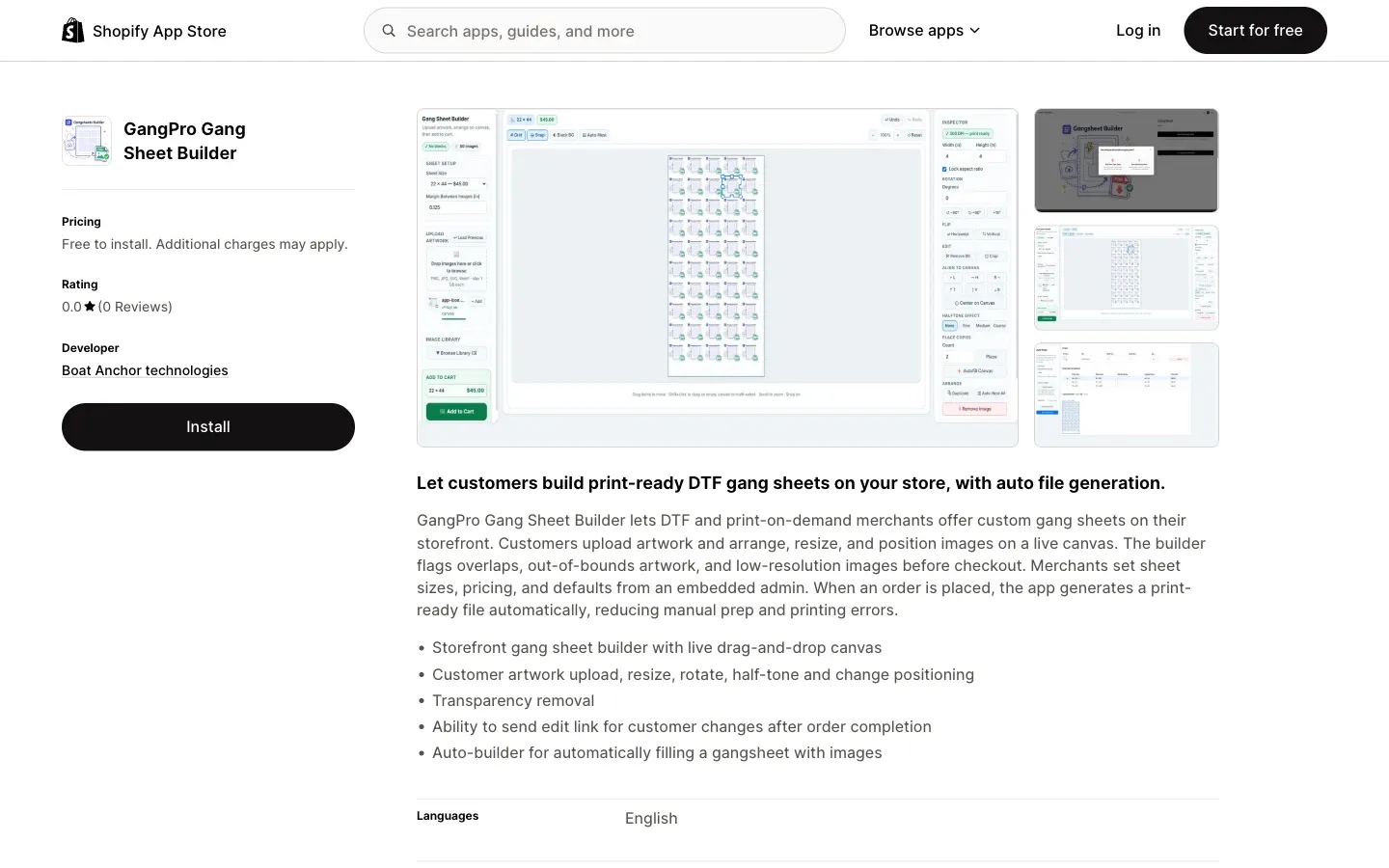 Screenshot of the top of GangPro Gang Sheet Builder's Shopify App Store listing