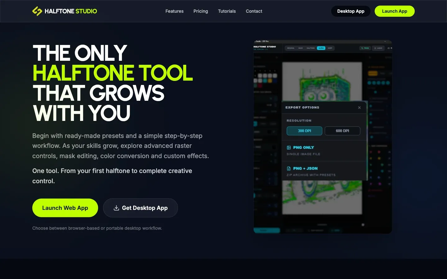 Screenshot of the top of Halftone Studio's page at halftonestudio.app