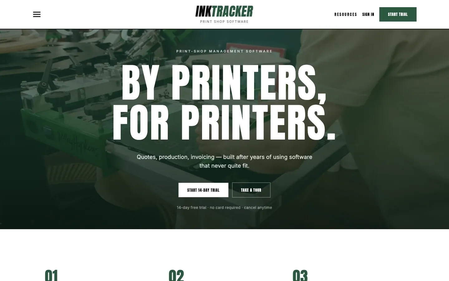 Screenshot of the top of InkTracker's page at inktracker.app