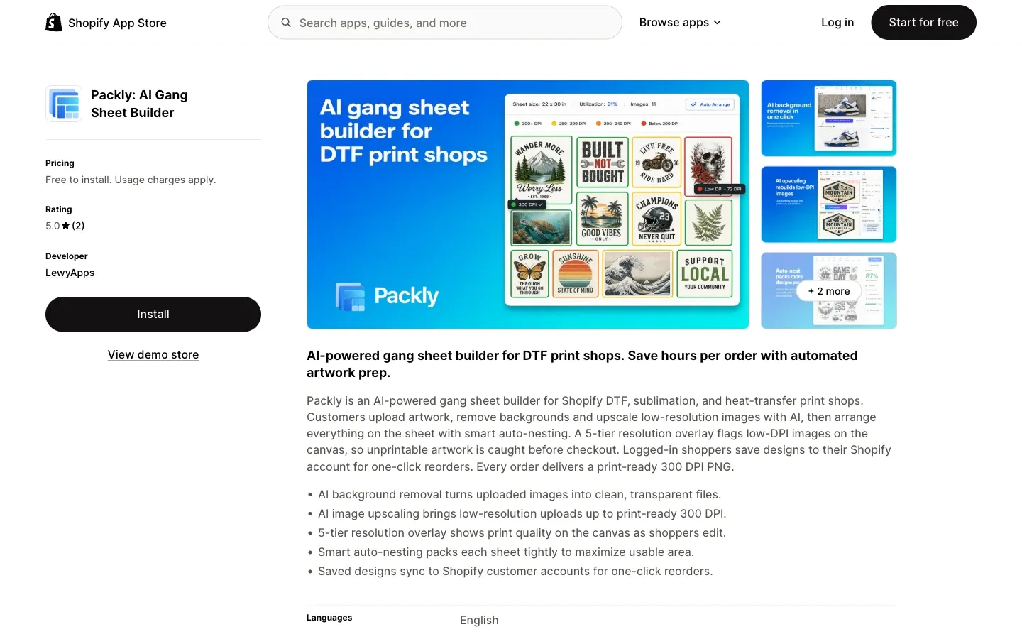 Screenshot of the top of Packly's Shopify App Store listing