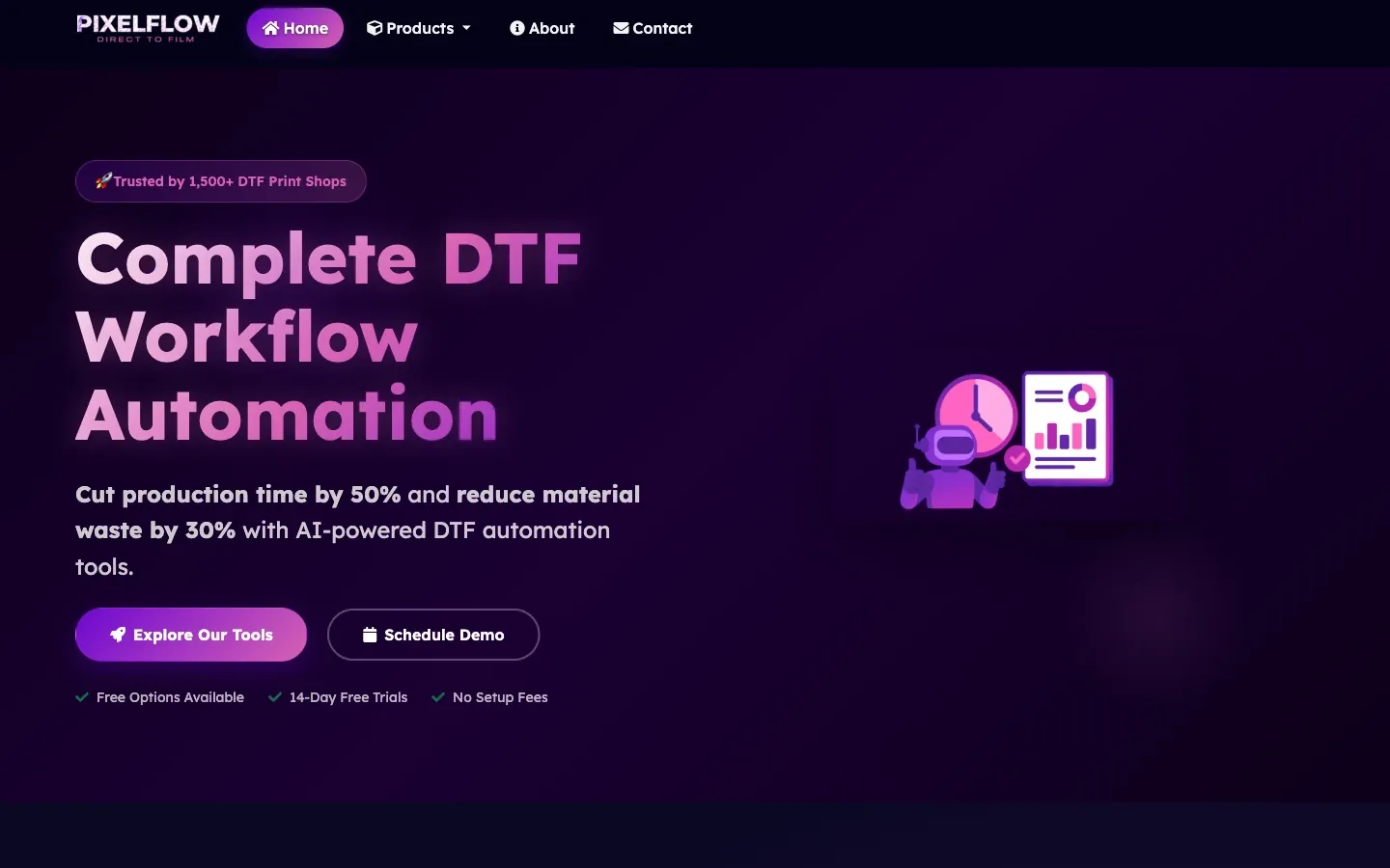 Screenshot of the top of PixelFlow DTF's page at pixelflowdtf.com