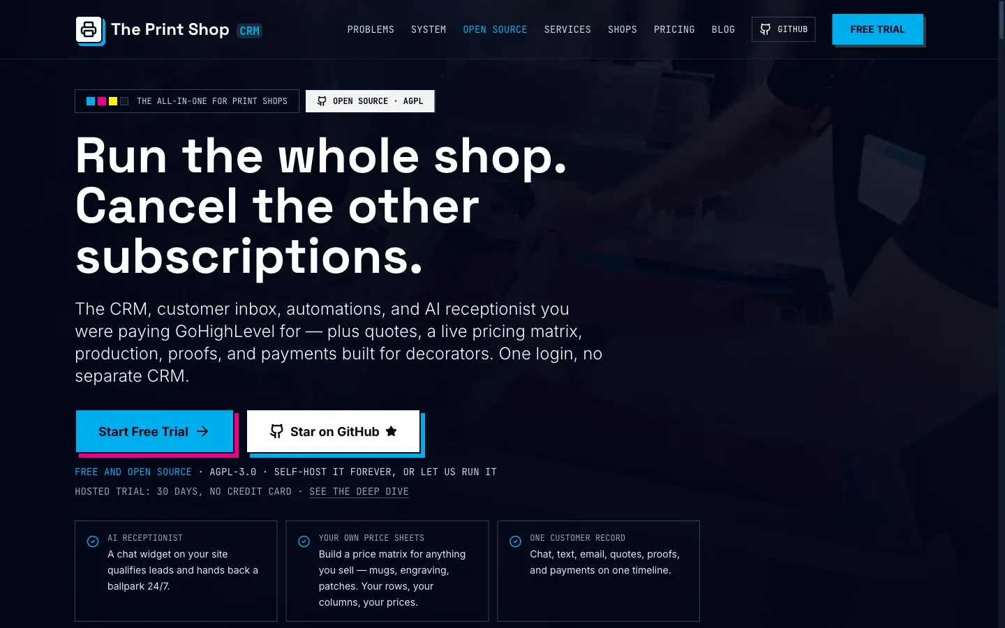 Screenshot of the top of Print Shop CRM's page at printshopcrm.com