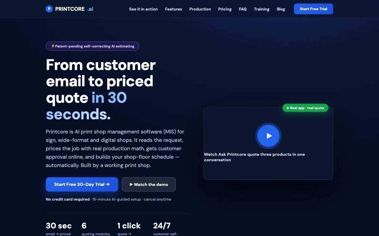 Screenshot of the top of Printcore's page at printcore.ai