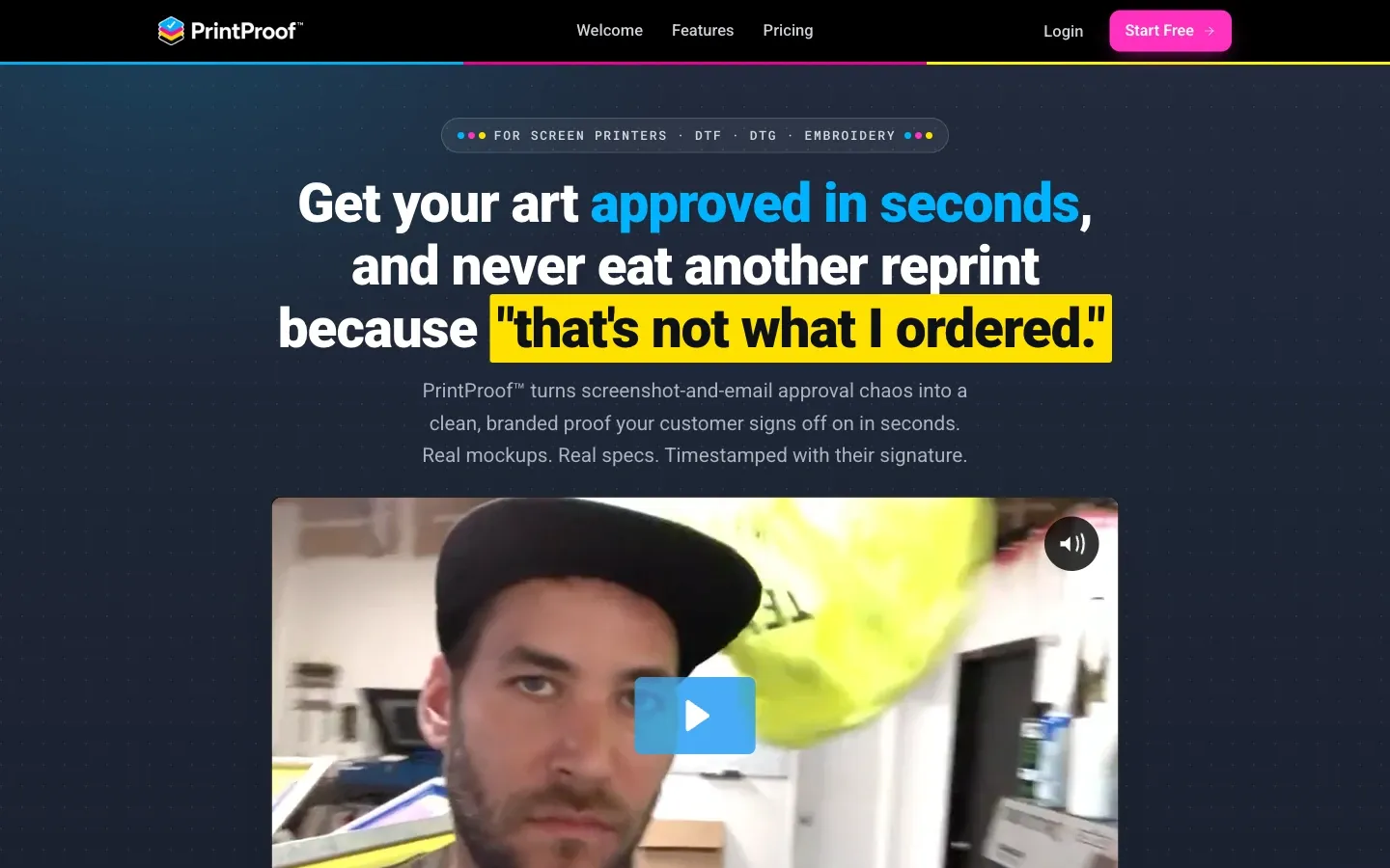 Screenshot of the top of PrintProof's page at getprintproof.com