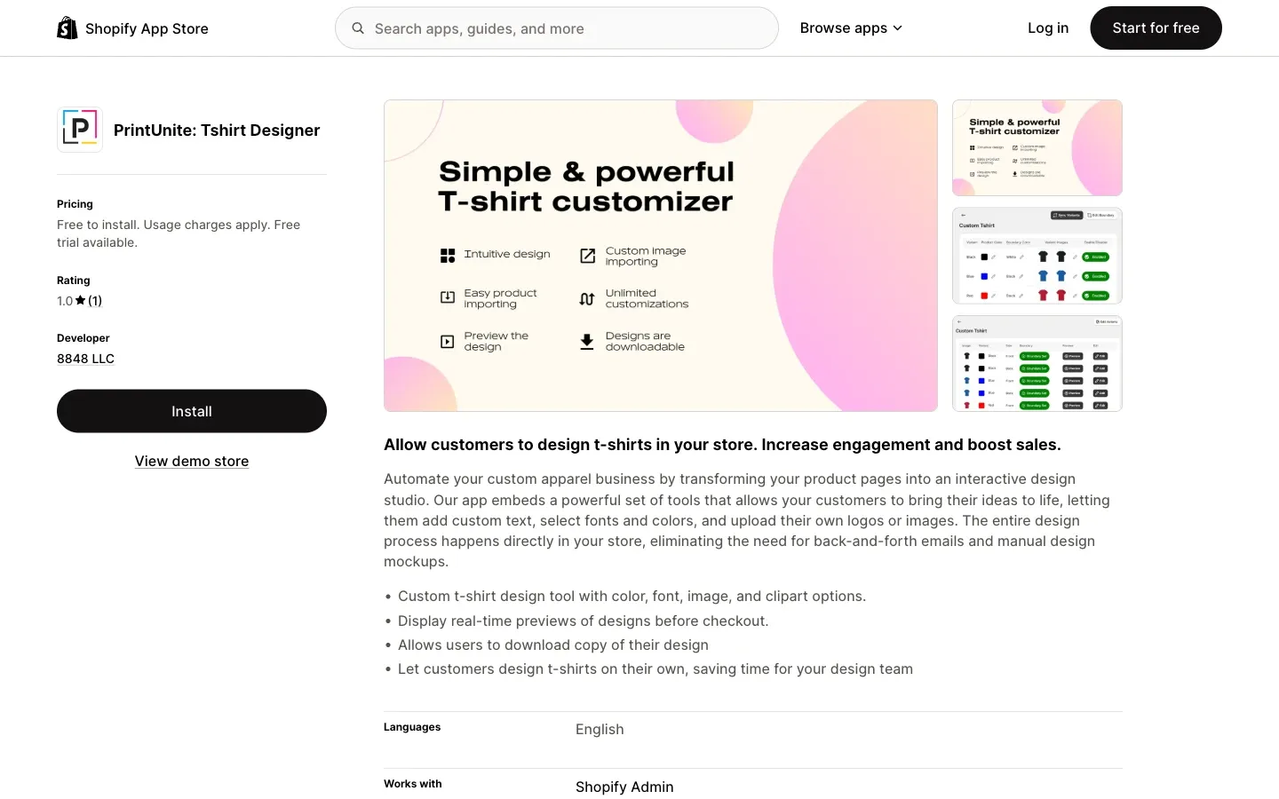Screenshot of the top of PrintUnite's Shopify App Store listing