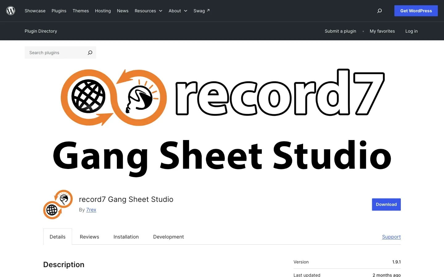 Screenshot of the top of record7 Gang Sheet Studio's WordPress.org plugin page