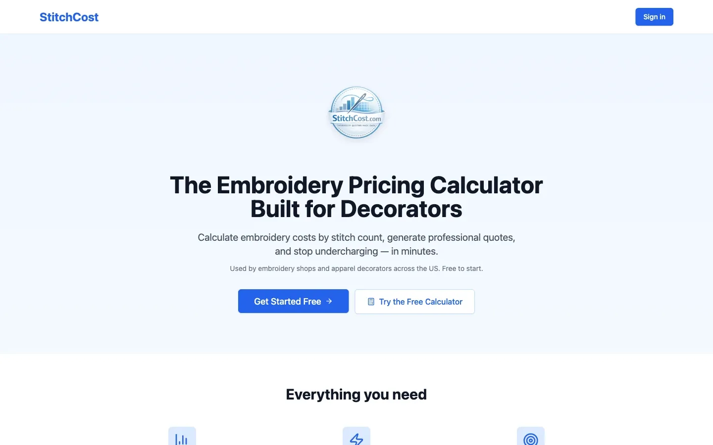 Screenshot of the top of StitchCost's page at stitchcost.com
