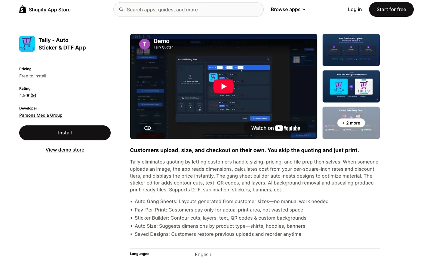 Screenshot of the top of Tally's Shopify App Store listing