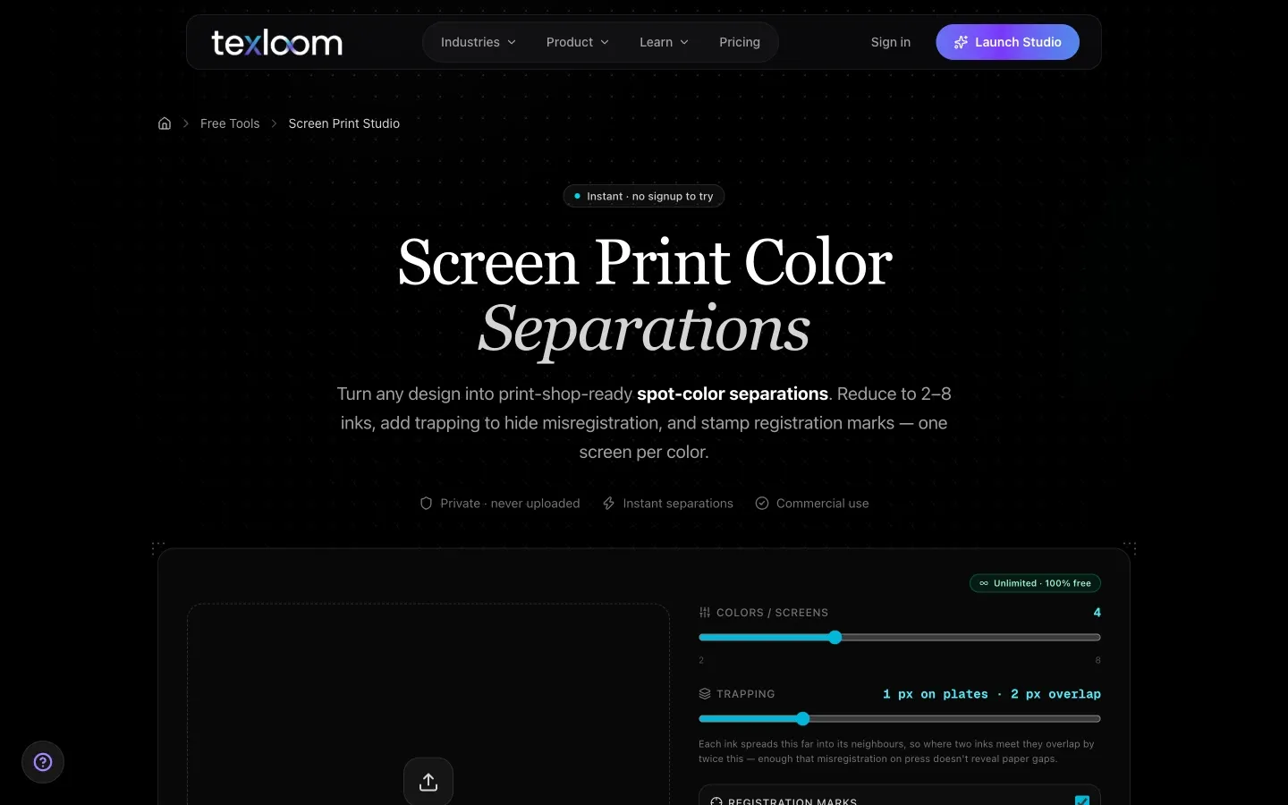 Screenshot of the top of Texloom Screen Print Studio's page at texloom.studio